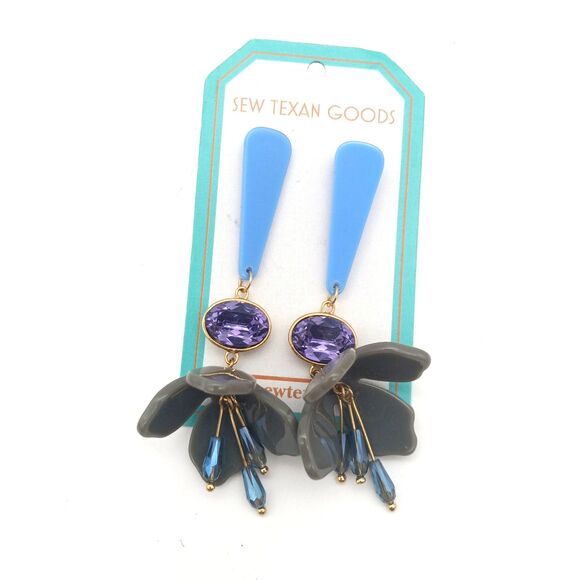 Sew Texan dangle flower drop earrings boho artsy blue green statement - Picture 1 of 4